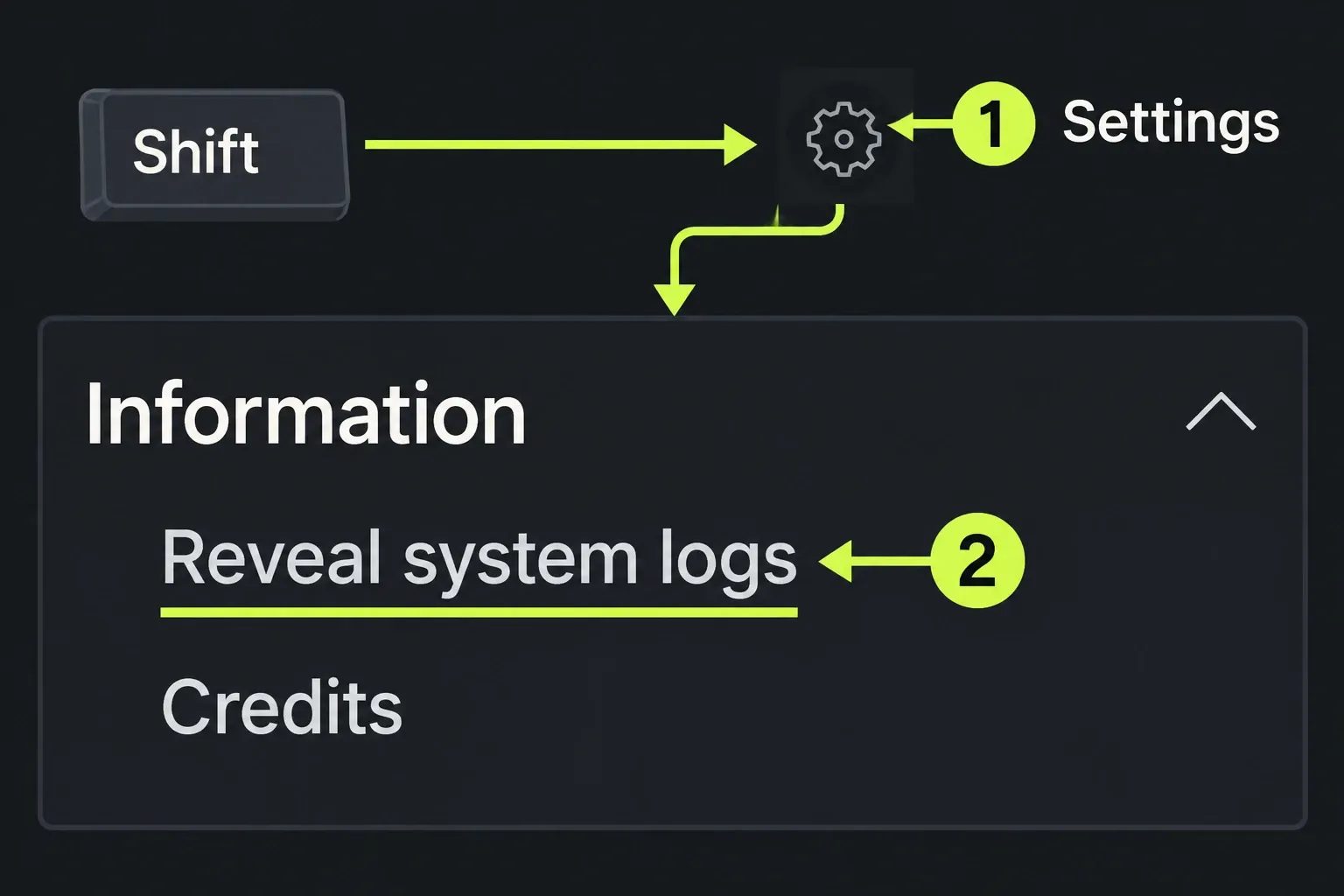 Project Browser settings with Information expanded and Reveal system logs highlighted