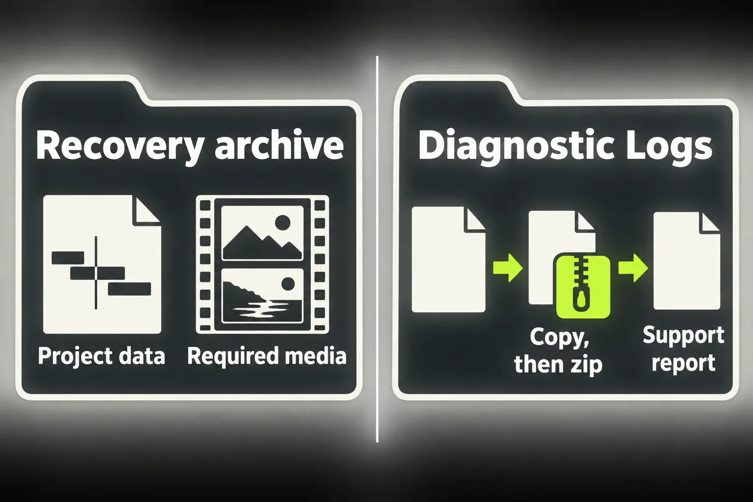 A recovery archive contains project data and required media; copied diagnostic logs accompany a support report