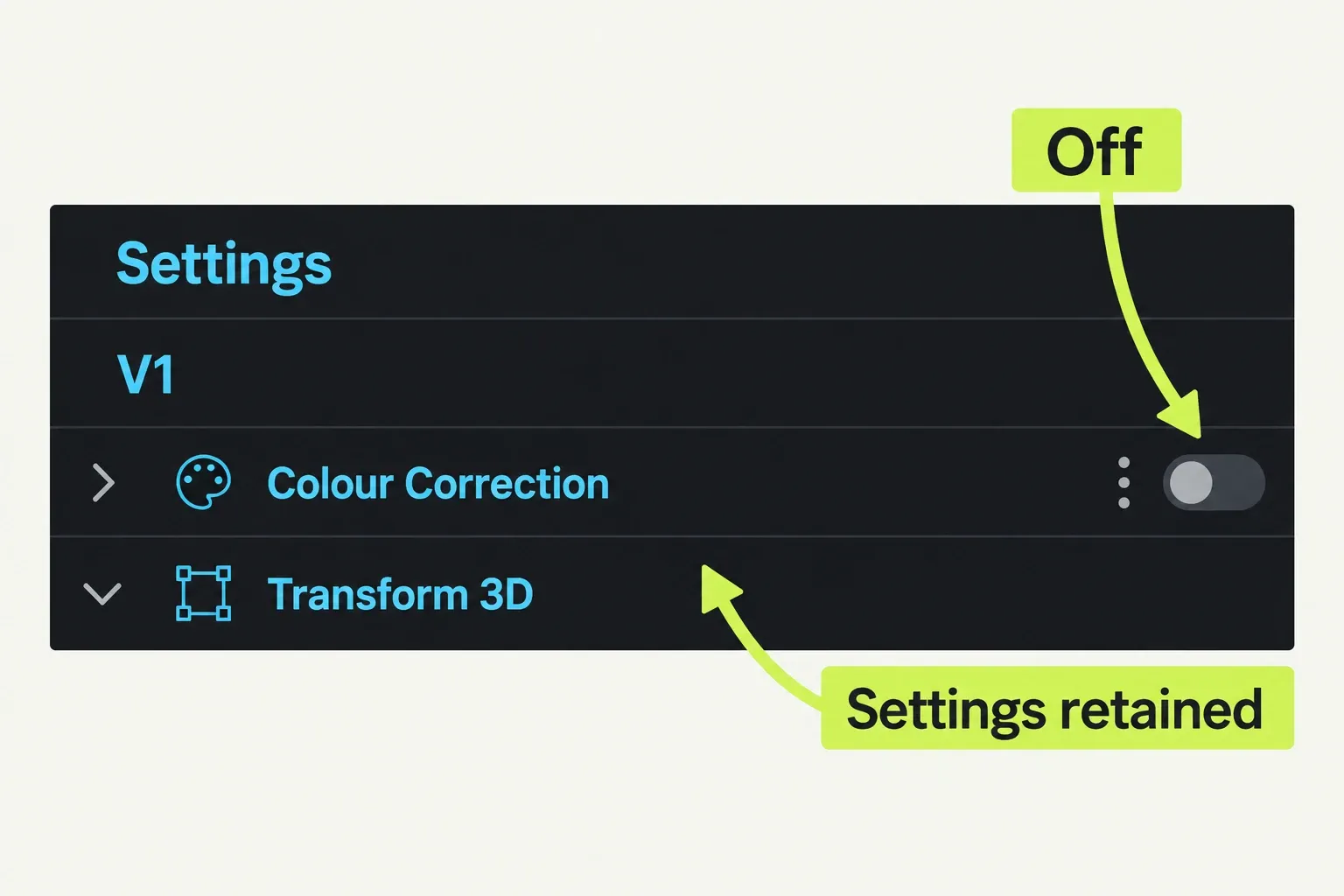Colour Correction bypass toggle off above an unchanged Transform 3D effect