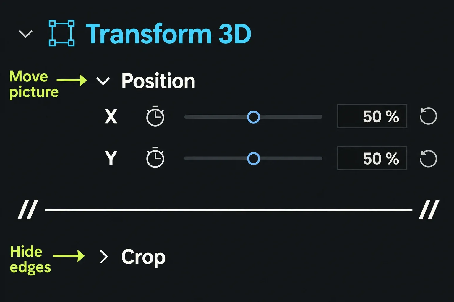 Transform 3D Position X and Y controls and the separate Crop group in effect Settings.
