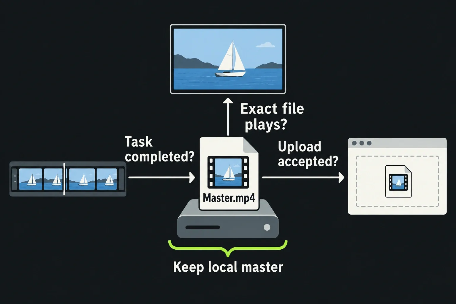A saved local master has separate task, exact-file playback and upload checks