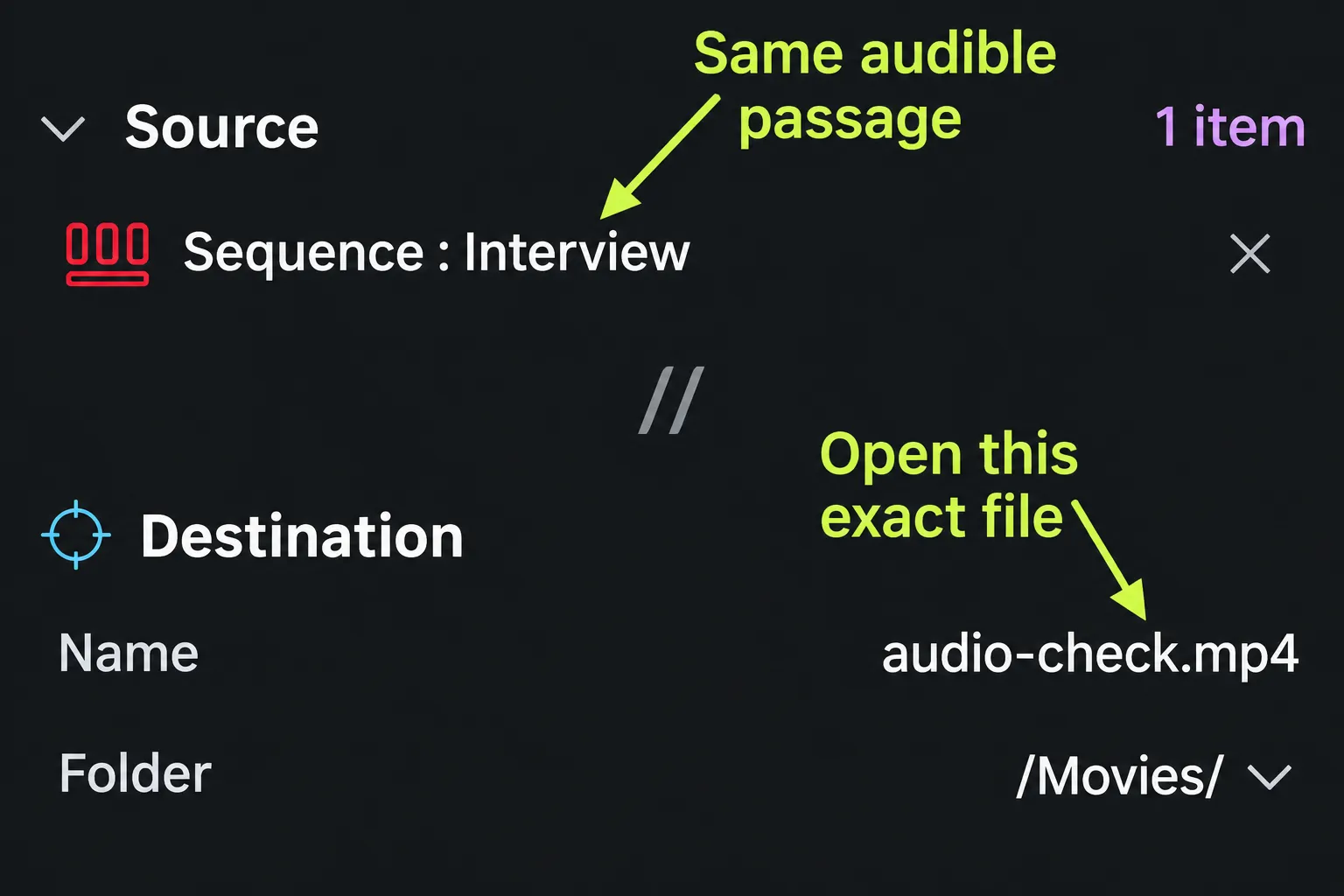 One named Interview sequence is matched to the distinct local file audio-check.mp4.