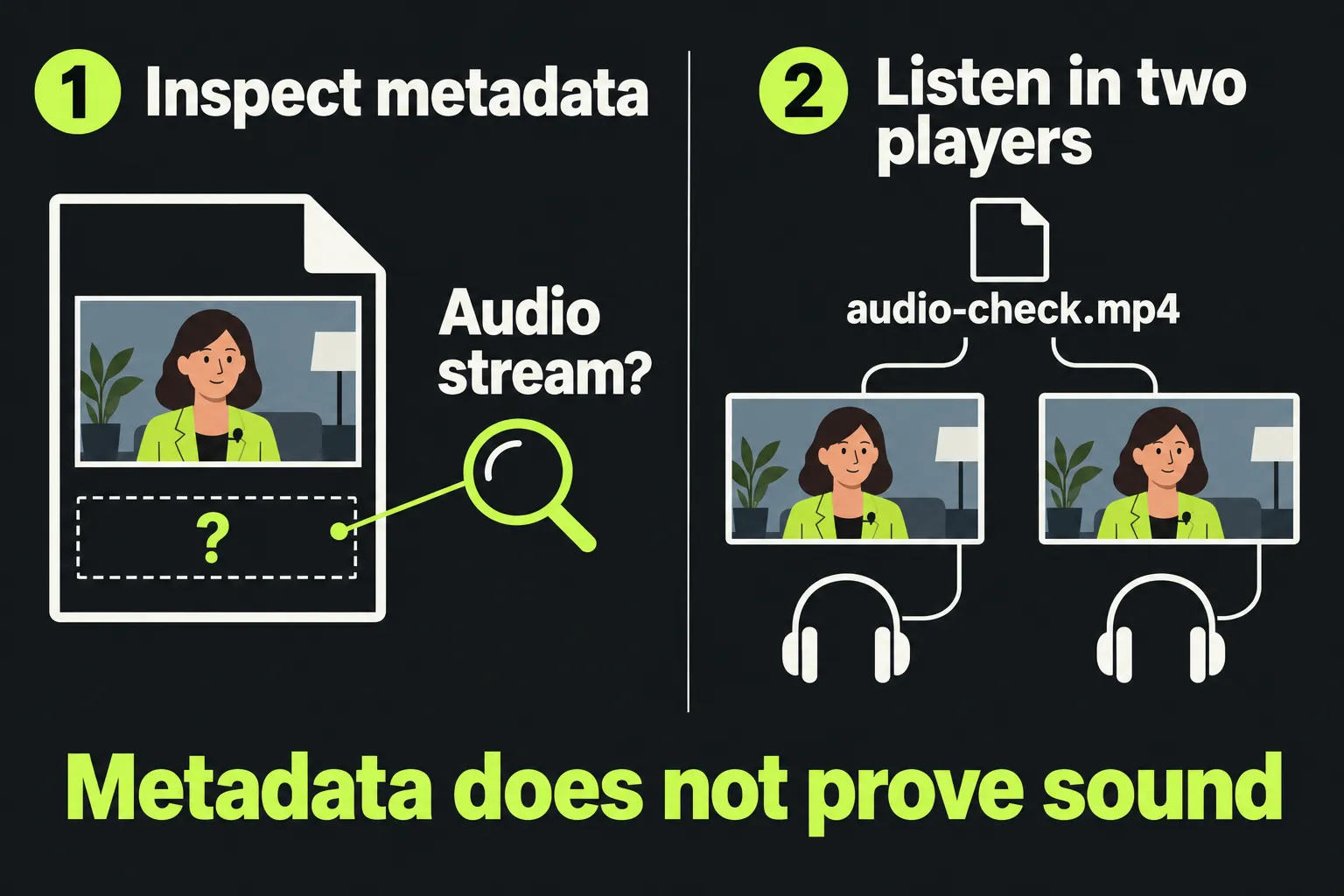 An audio-stream inspection and two-player listening comparison address different properties of the same file.
