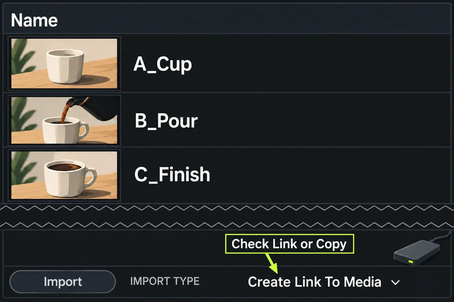 Three coffee practice clips listed in Import with the media method visible