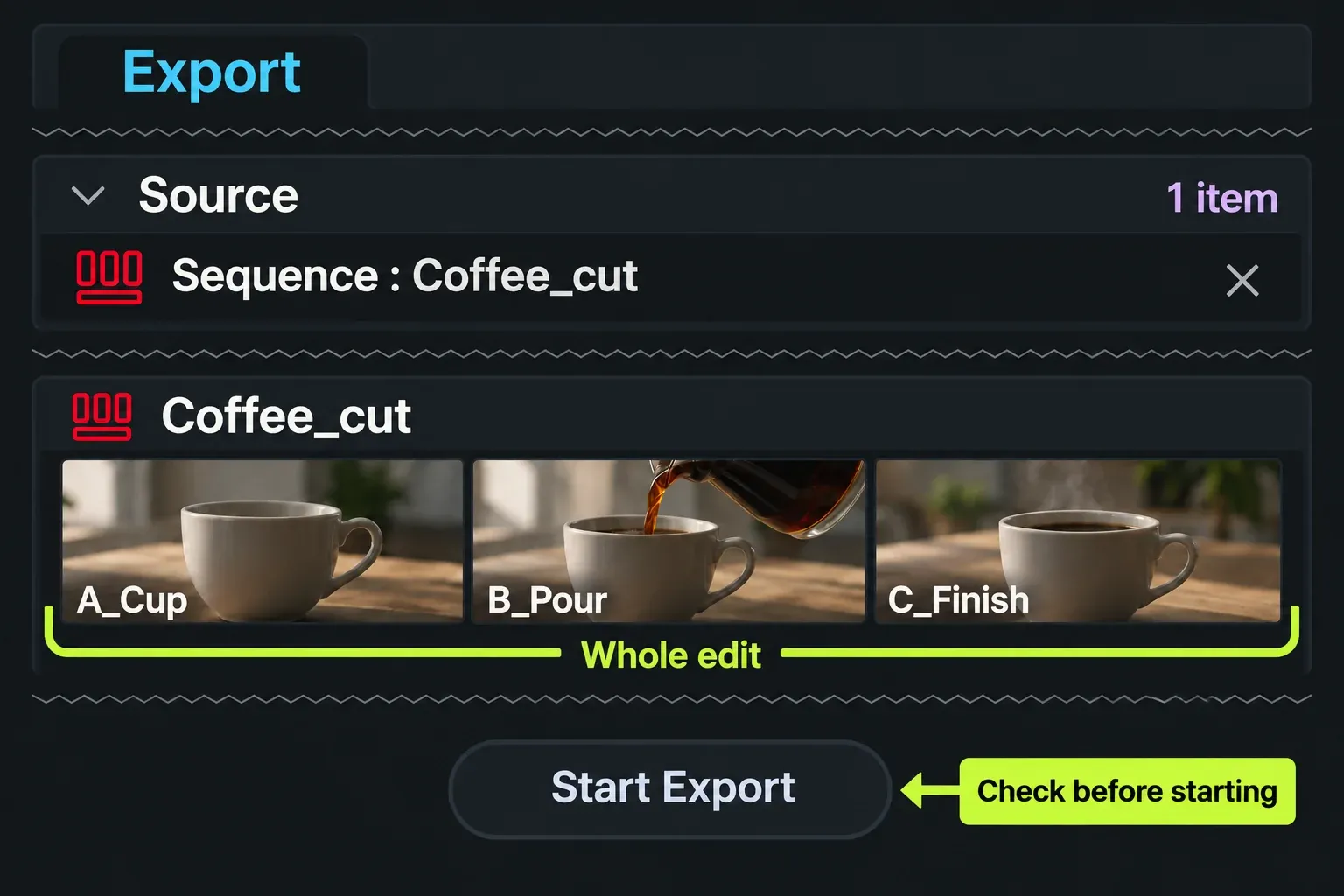 Coffee_cut matches the sequence named in Export Source, covering all three coffee shots