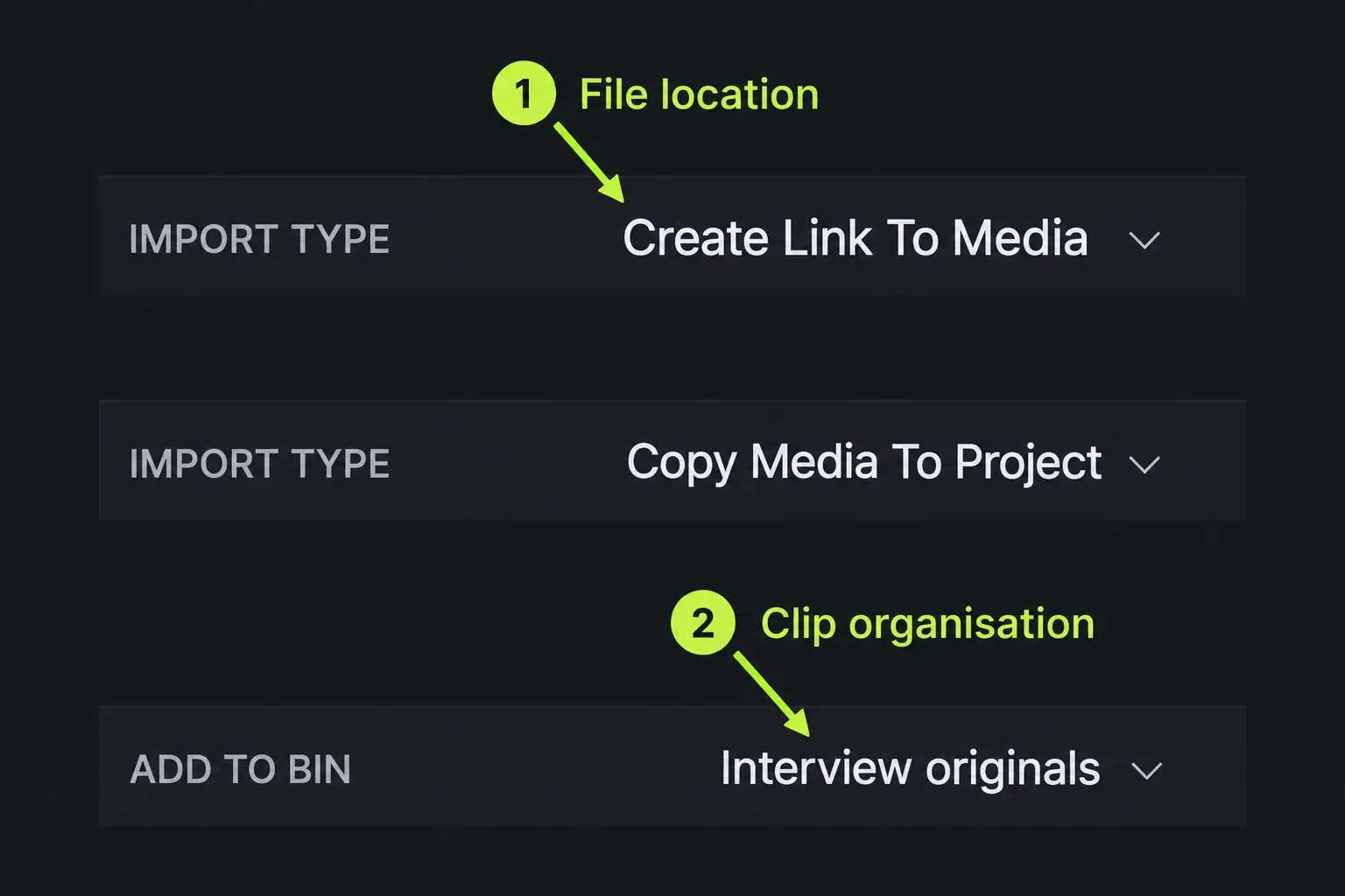 Import type offers Link or Copy; Add to bin separately sets clip organisation