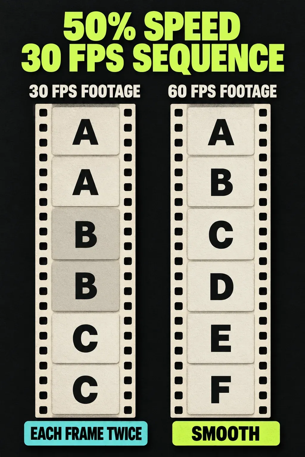 Two film strips at 50 percent speed in a 30 fps sequence: 30 fps footage shows each frame twice, A A B B C C, while 60 fps footage shows a new frame every time, A B C D E F, labelled smooth