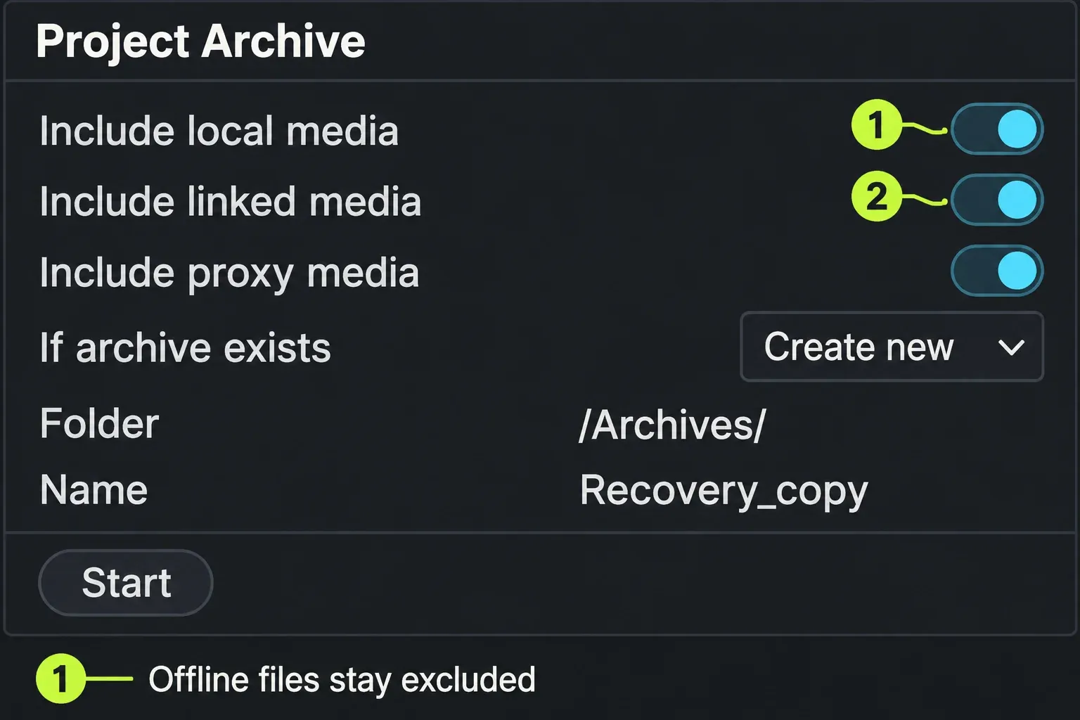 Project Archive media-inclusion controls and Create new option