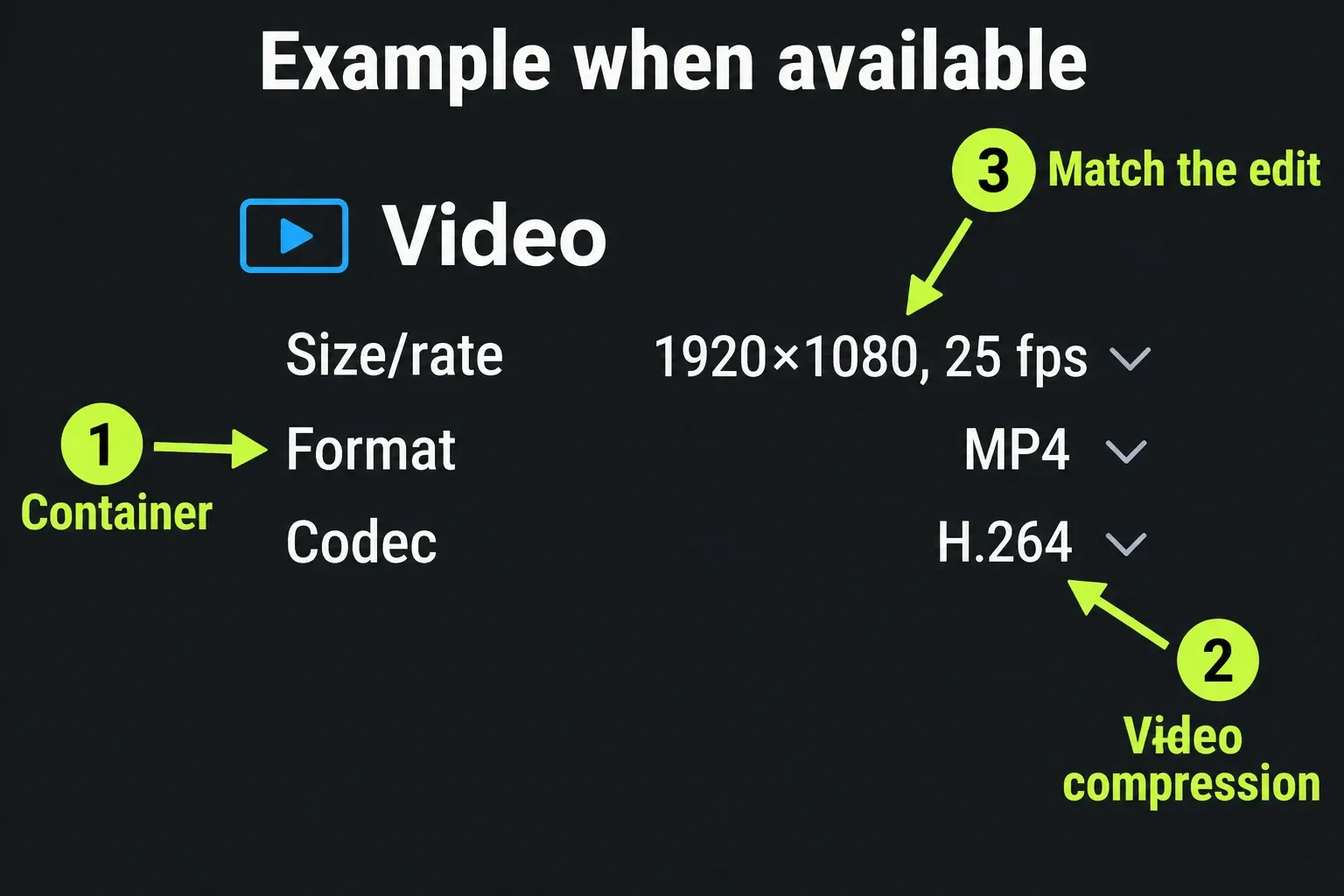 Export Video fields separate size and rate, MP4 container and H.264 codec