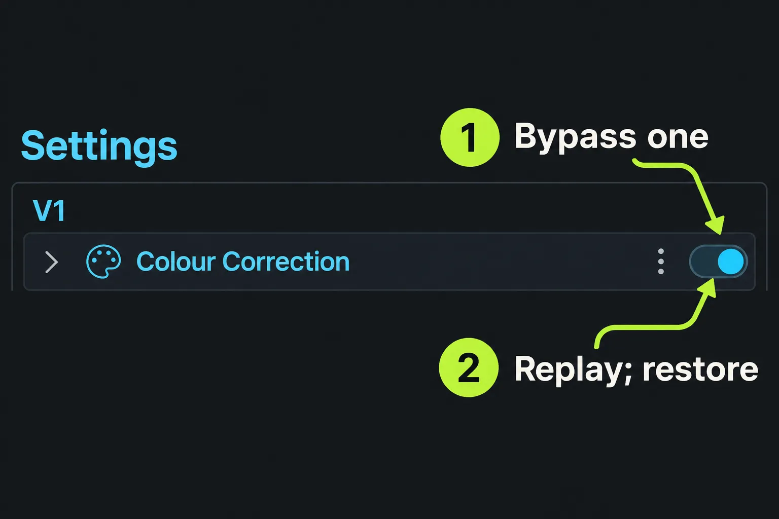 The effect enable toggle for Colour Correction in V1 Settings is isolated for one reversible comparison.