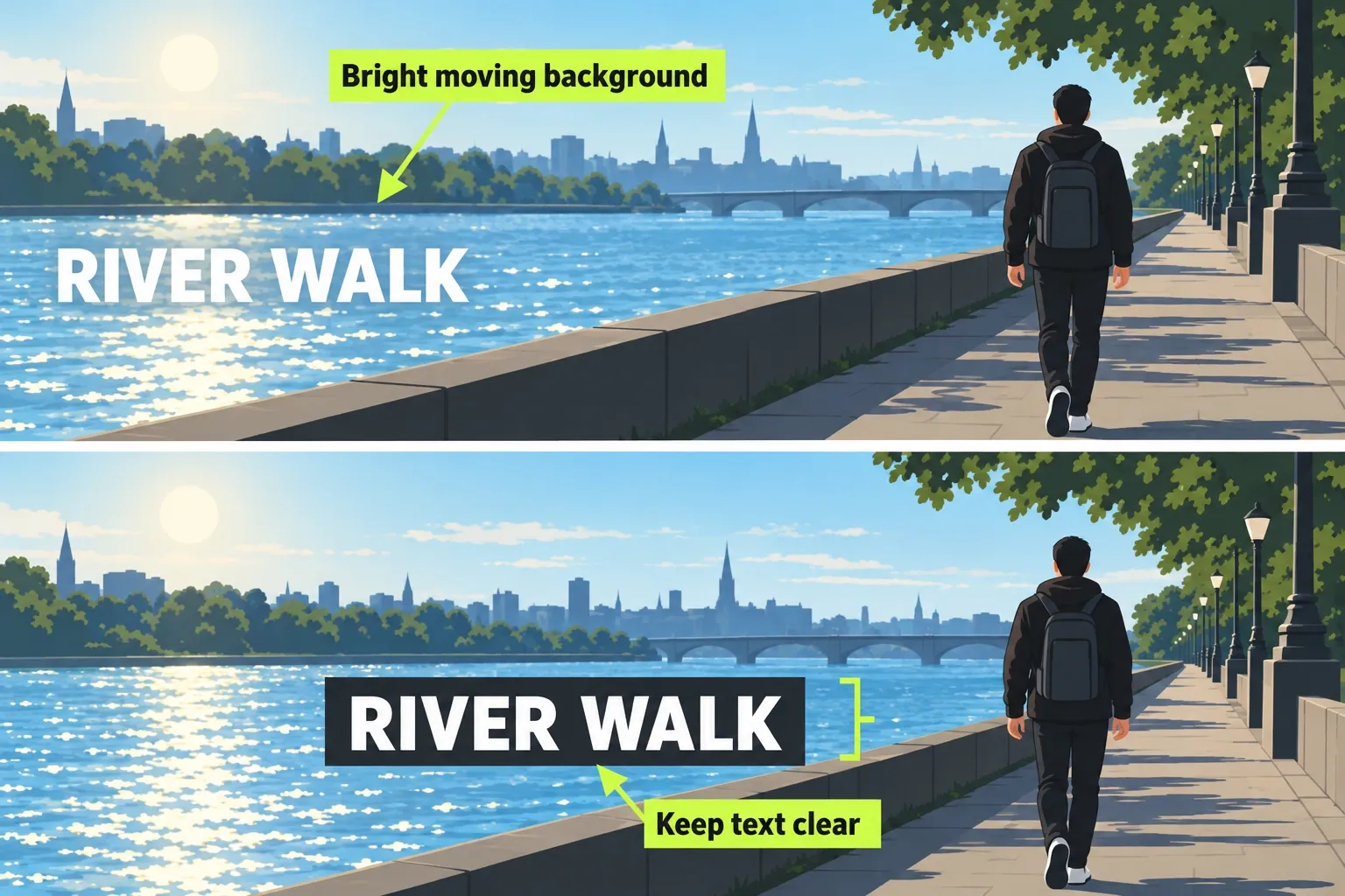 Two title placements compare weak contrast over bright water with a backed title positioned clear of the subject.