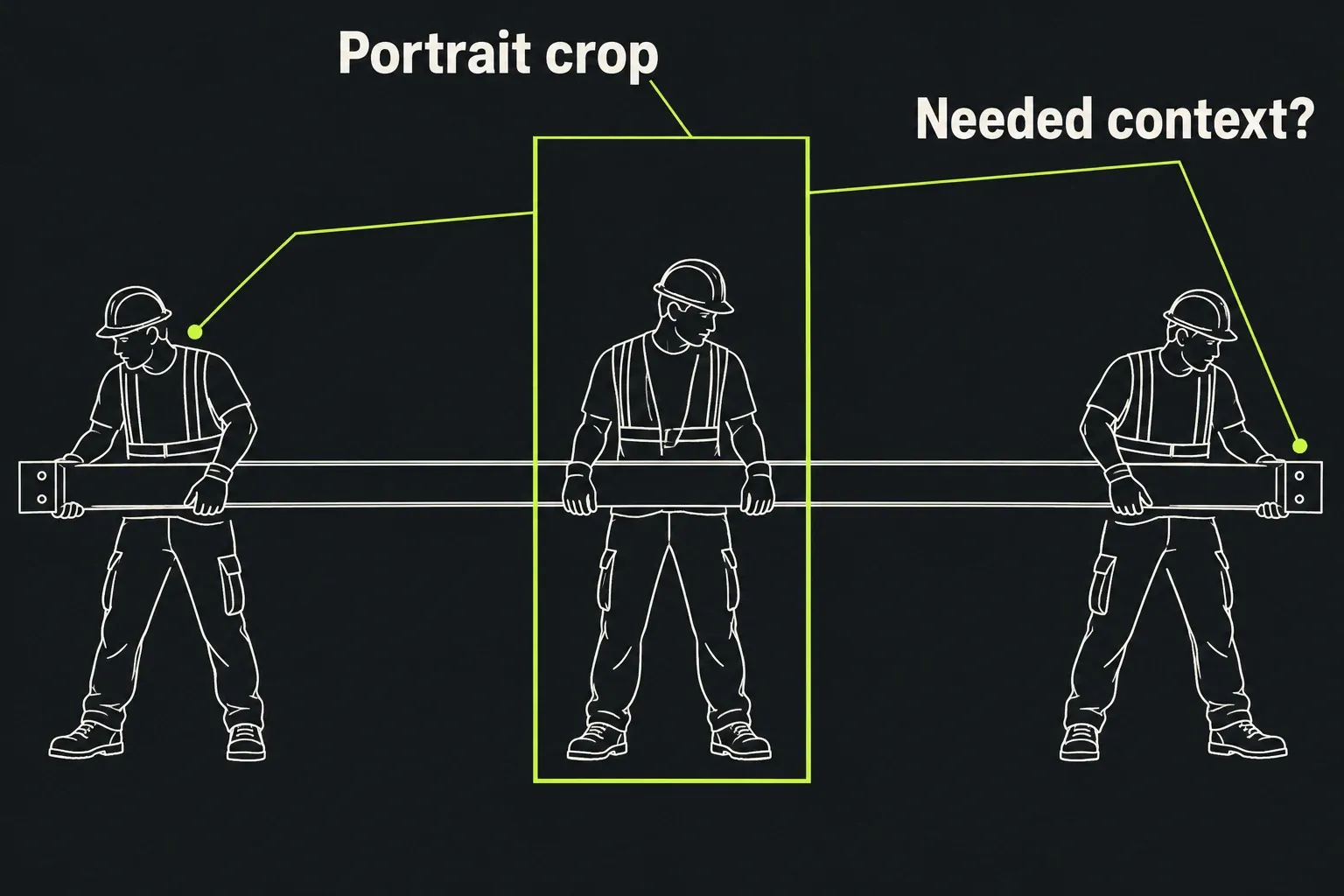 A narrow portrait crop retains the centre worker while excluding side workers and the ends of a long object.