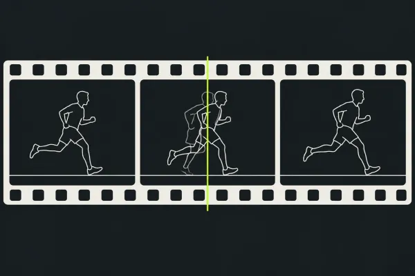 An edit filmstrip paused at a playhead while following a moving subject.