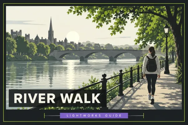 A readable RIVER WALK title overlays a riverside shot with its own shorter timing strip.