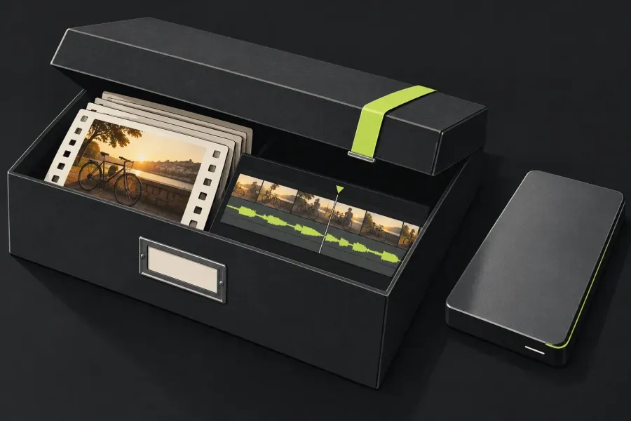 An editing timeline and original footage held in an archive beside separate storage.