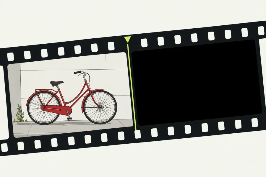 A visible bicycle frame beside a black frame at an edit boundary.