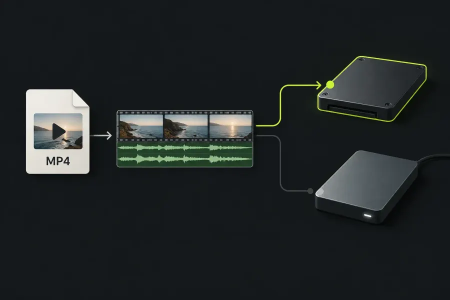 An MP4 file with separate picture and sound entering an editing project