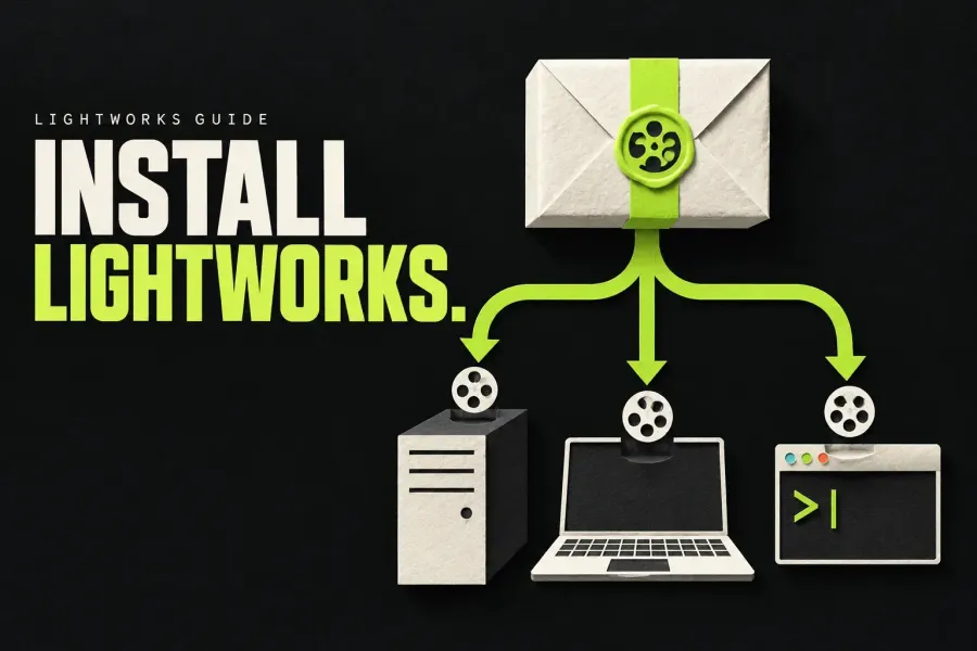 An ivory parcel sealed with a lime film-reel stamp, its lime arrows branching to a desktop tower, a laptop and a terminal window, each topped by a film reel