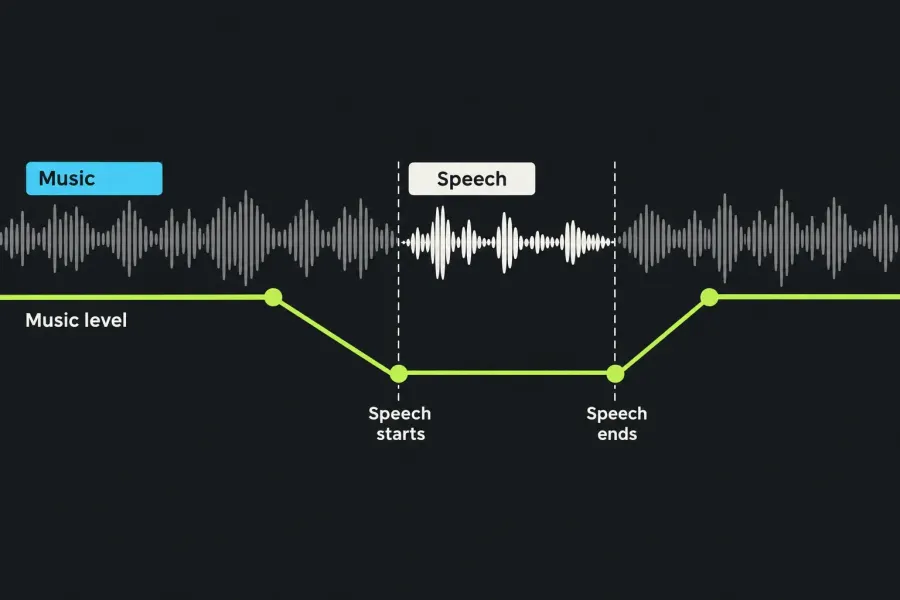 Music level lowered beneath a complete speech phrase