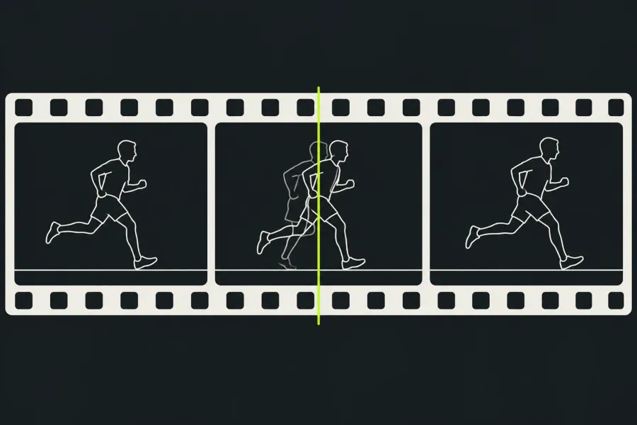 An edit filmstrip paused at a playhead while following a moving subject.