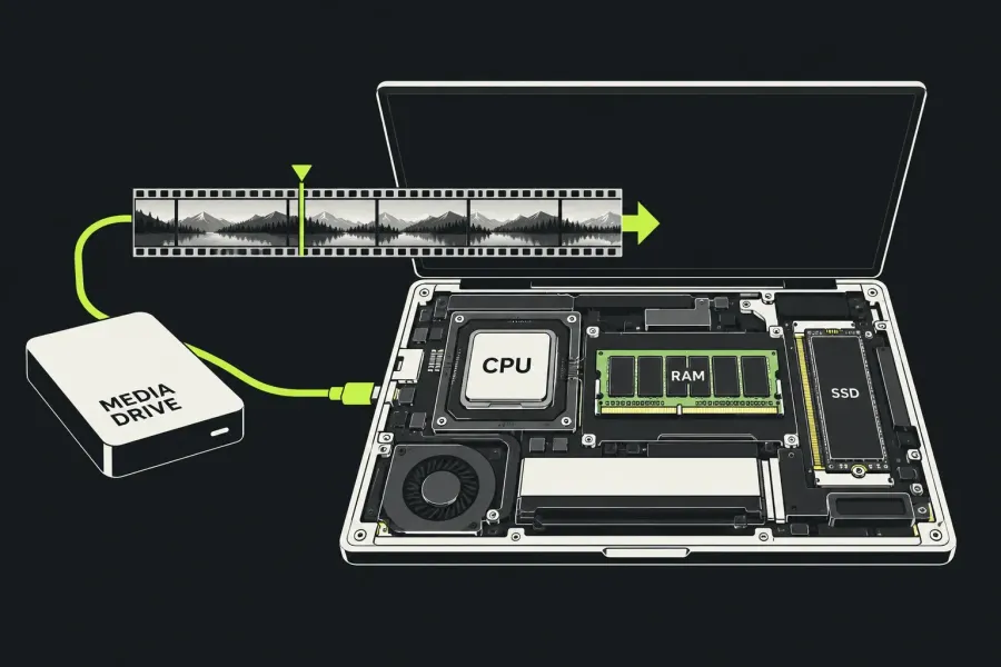Computer components and an external media drive beside an editing clip
