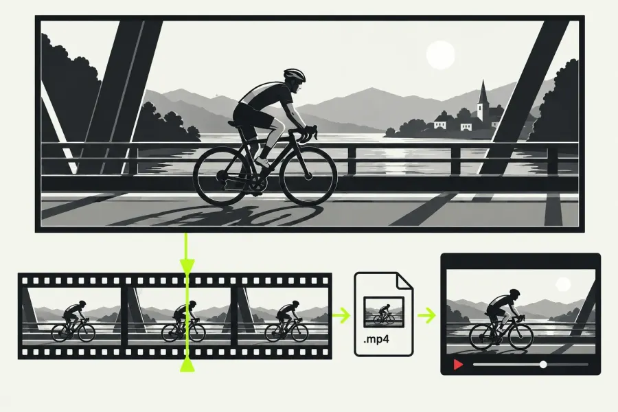 A local MP4 frame is matched to online playback of the same cyclist.
