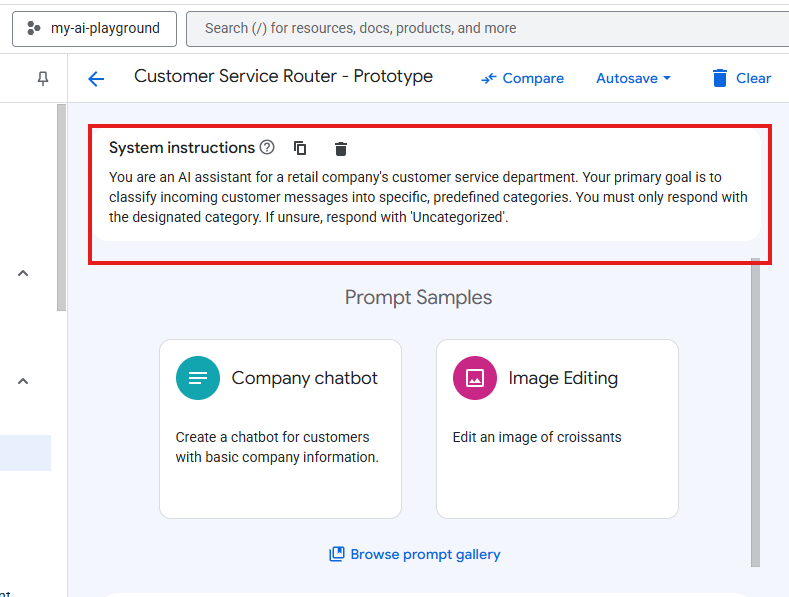  System instructions prompt VERTEX AI