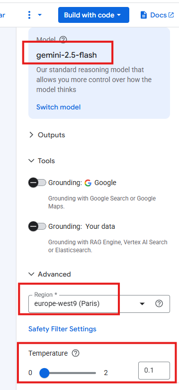 Configuration Settings prompt Vertex AI