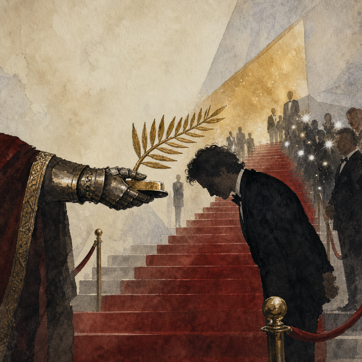 Illustration aquarelle et encre : une Palme d’or remise comme un adoubement sur les marches de Cannes.