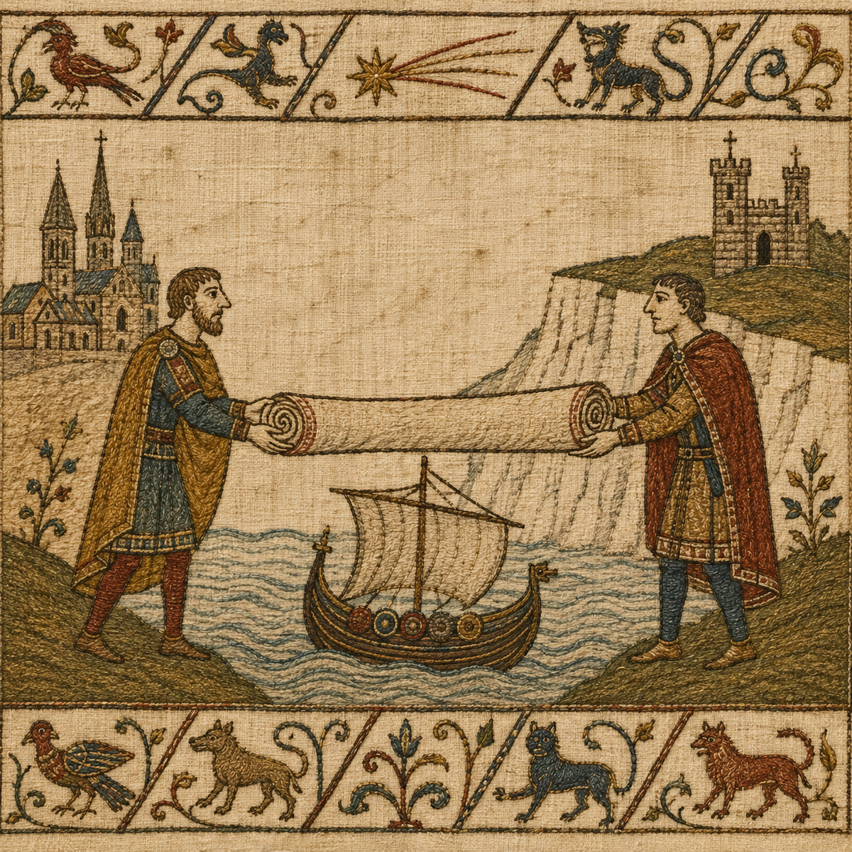Deux messagers médiévaux se transmettent une broderie entre la Normandie et l’Angleterre.