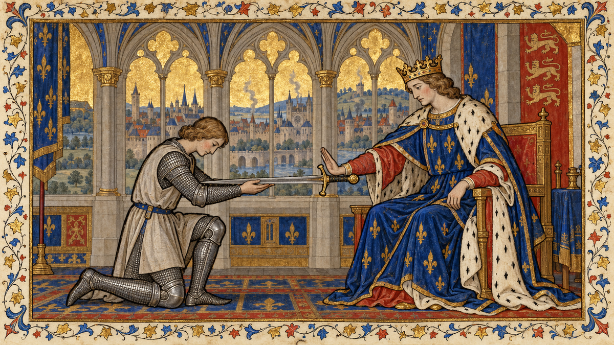 Miniature enluminée : un chevalier agenouillé tend son épée à un roi assis qui la repousse de la main