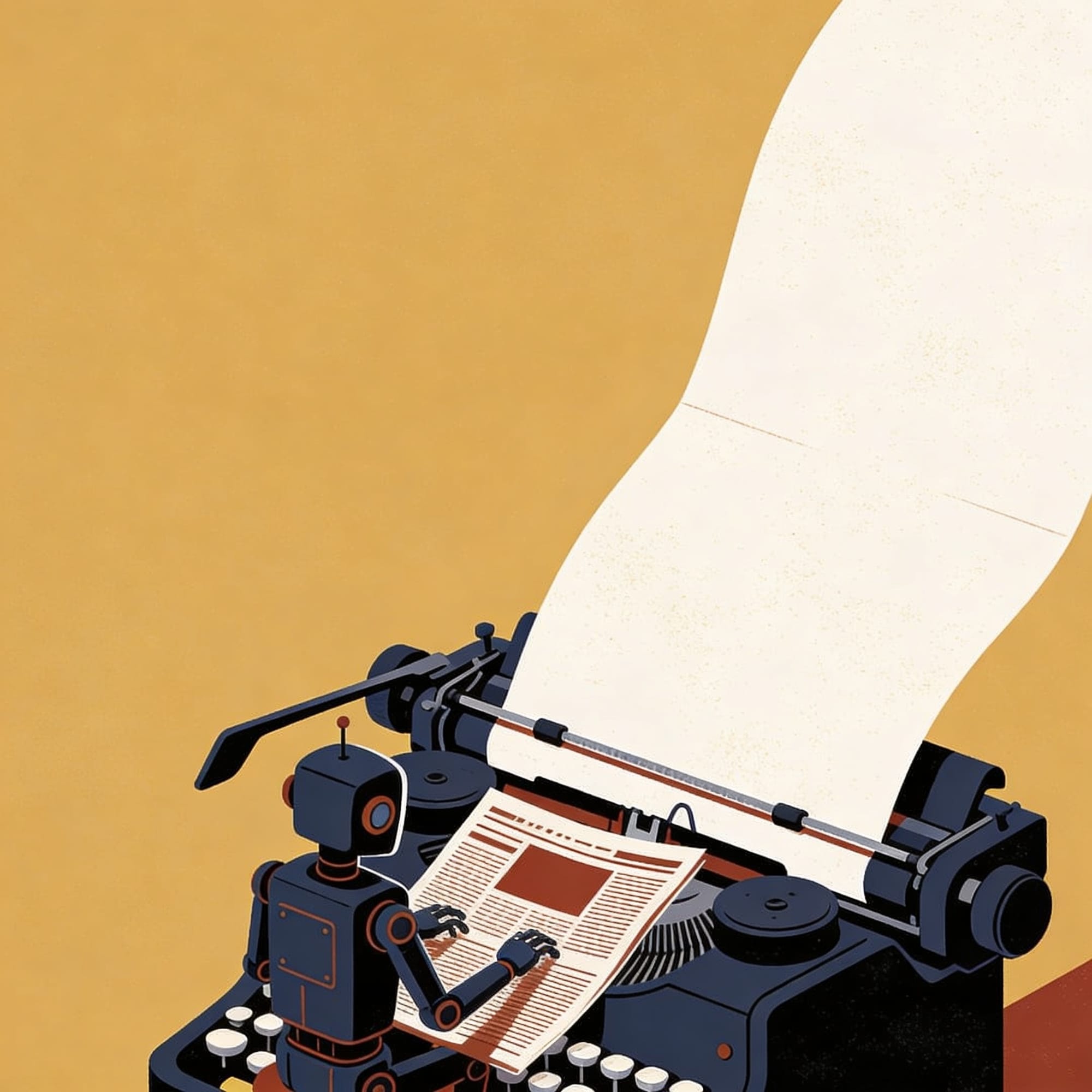 A tiny robot writing at a vintage typewriter — The Agent Economy illustration