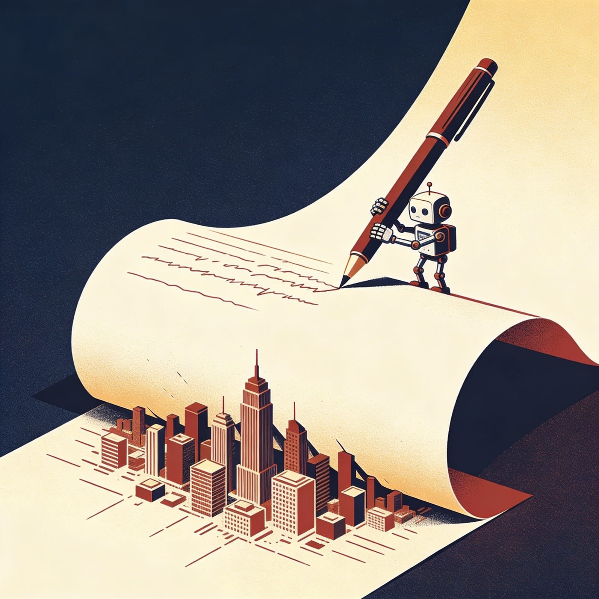 A tiny robot writing with a giant pen that crushes a city — The Agent Economy illustration