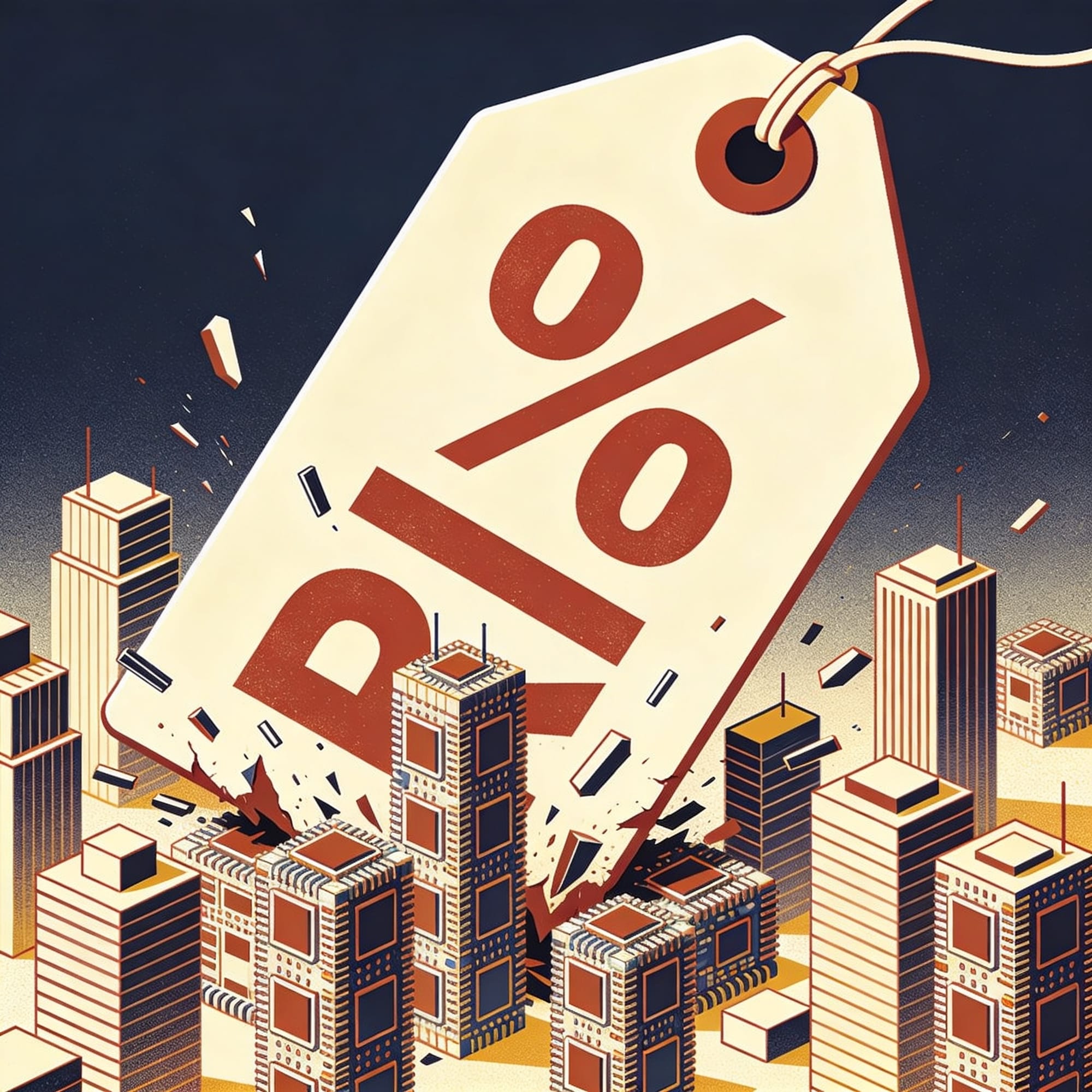 A giant price tag crushing a city of skyscrapers made of computer chips — The Agent Economy illustration