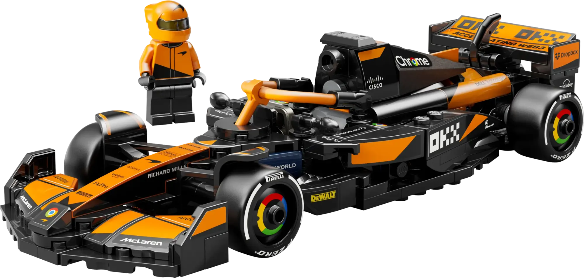 Close up of a McLaren Lego F1 set in orange and black with a driver minifig behind.