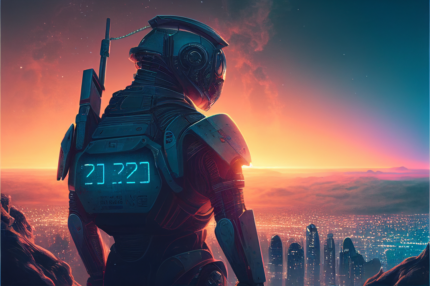 An advanced robot looks toward a sunset from a mountain above a city skyline.