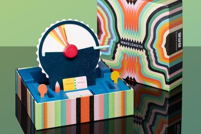 Photo of Wavelength game and box cover, with a stylish psychedelic image of heads facing each other.