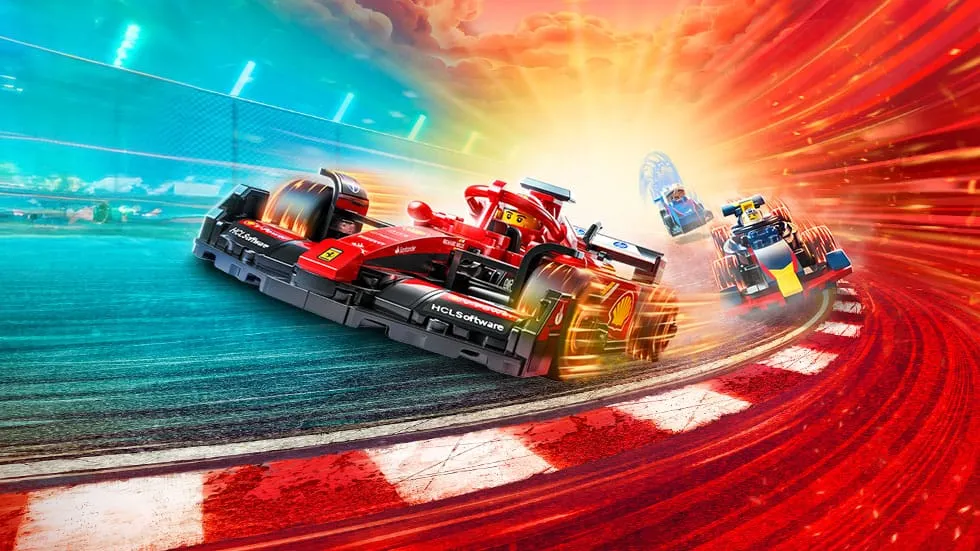 A promo image of a Lego Ferrari race car swooping round a speed bend, with bright reds and speed lines everywhere. It is being chased by other cars behind.