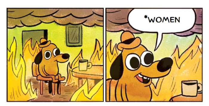 Dog in burning house comic, dog smiling says "*women" 