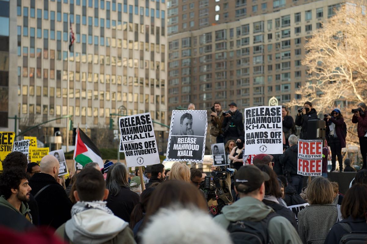 Protests in Thomas Paine Park against the detention of Palestinian activist and Columbia student Mahmoud Khalil.