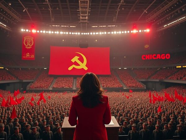 Image posted on X by Donald Trump on August 18, 2024, showing a speaker addressing a rally at an arena under a Soviet flag and the word CHICAGO in lights.