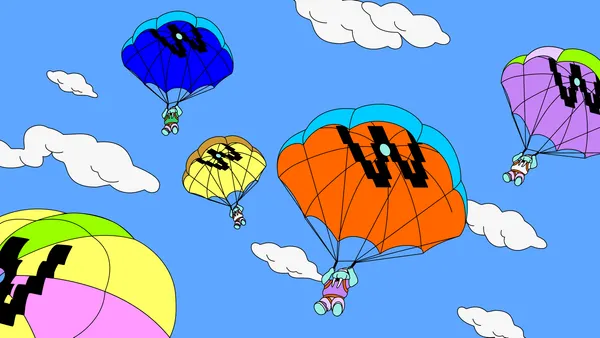Multiple Walruses parachuting from the sky