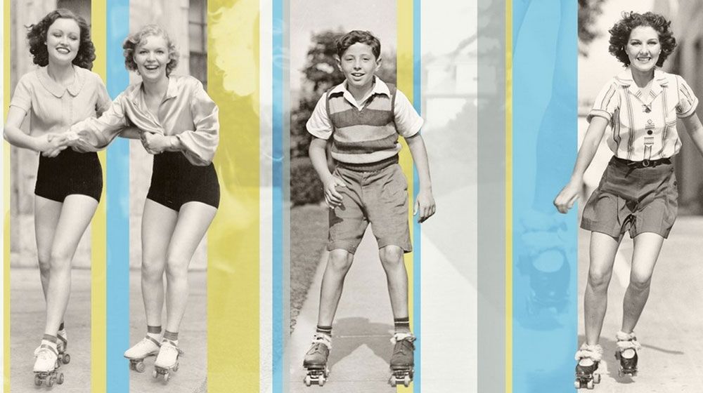 Detailed view of a photographic collage featuring bright colors and vintage rollerskaters.