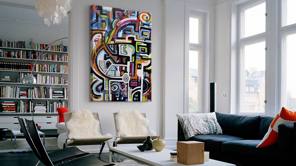 Vibrant abstract street art canvas print in a trendy modern living space