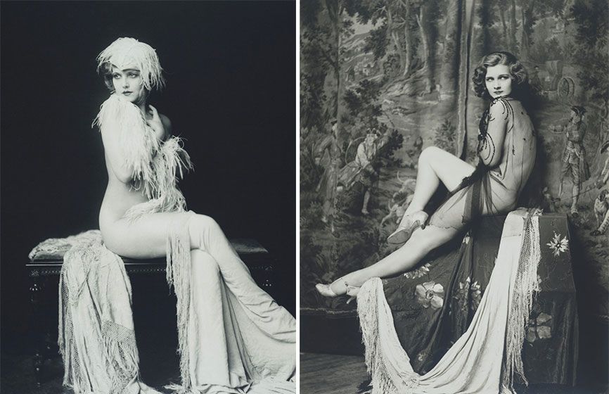 two vintage photographs of Ziegfeld girls, Drucilla Strain and Claudia Dell posing 