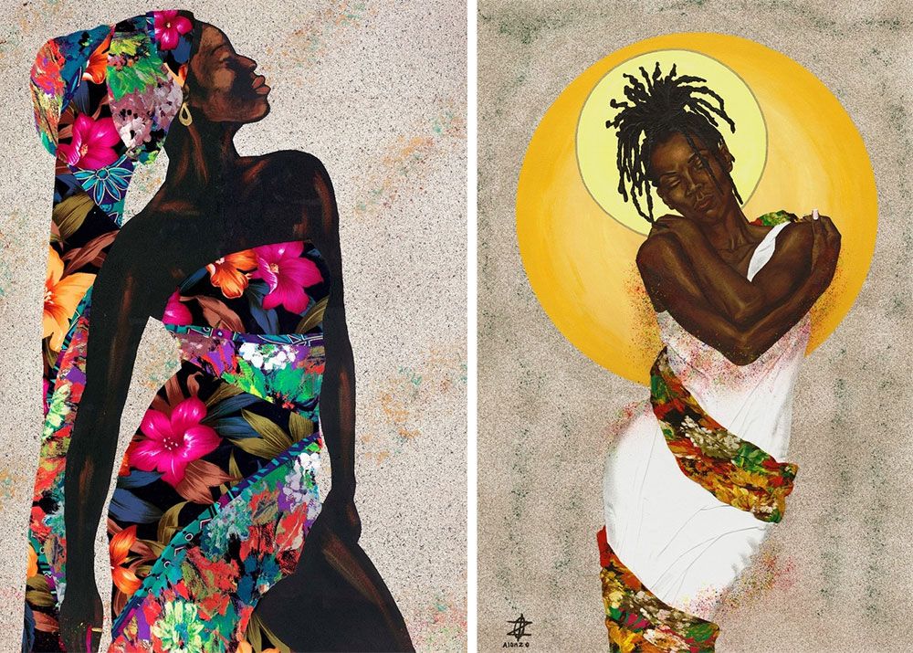 Side by side mixed media collage and digital paintings of Black women in colorful floral prints