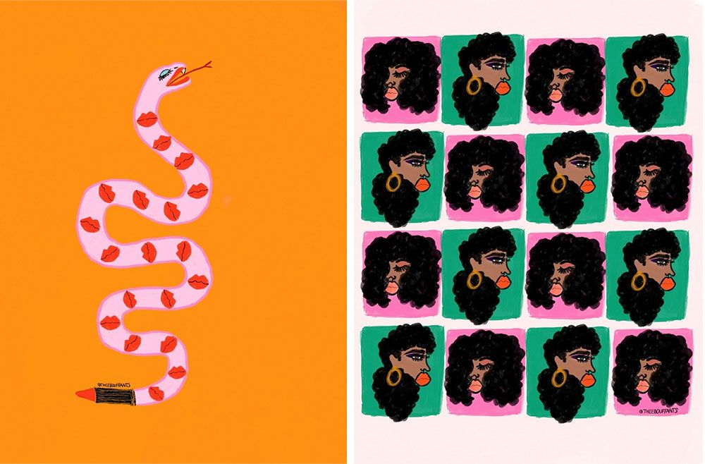 side by side brightly colored acrylic paintings depicting a snake with lips and a collage of alternating portraits