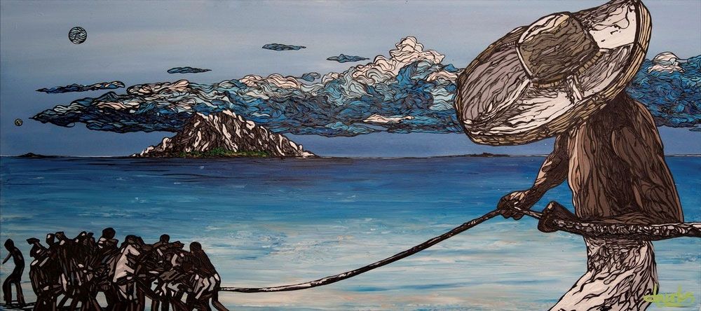 Painting that depicts a part of the slave trade, a man pulling a group of African people using a rope