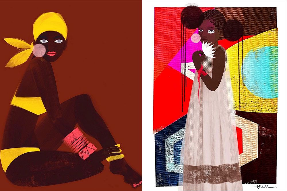 two very bright figurative portraits made through a combination of mixed media and digital painting
