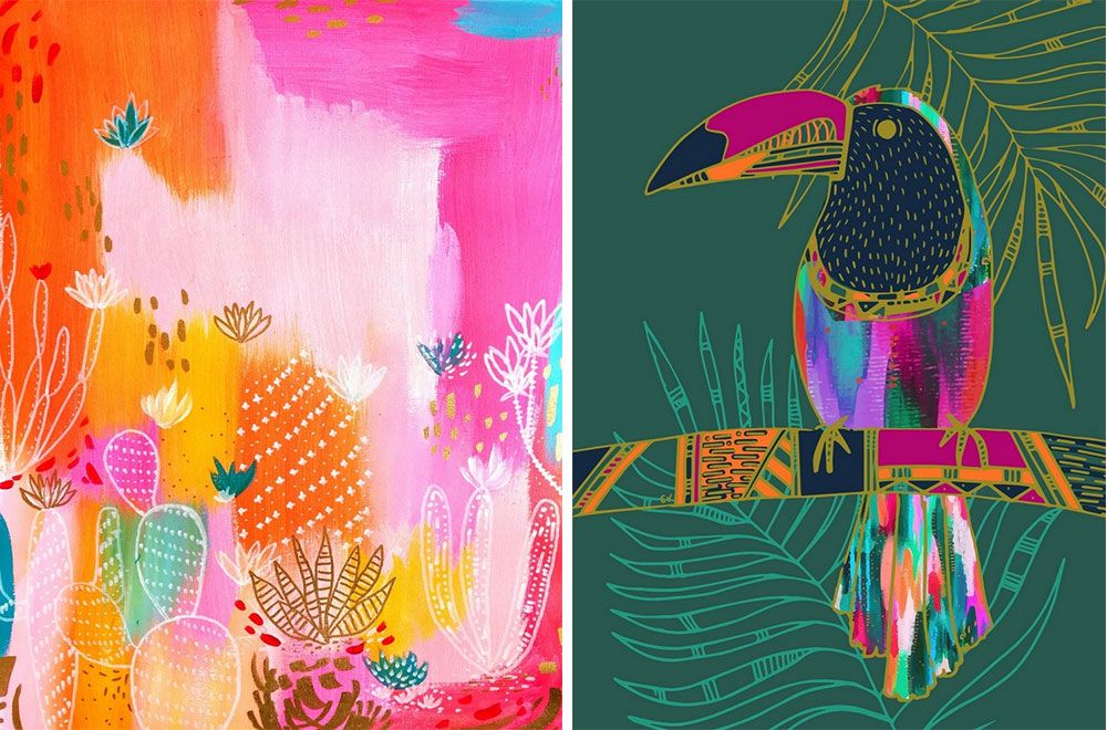 Very bright abstract paintings with cacti and toucan illustrated on top
